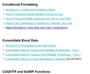 Excel Video Lesson Index