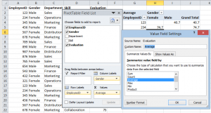 Value Field Settings for Pivot Table